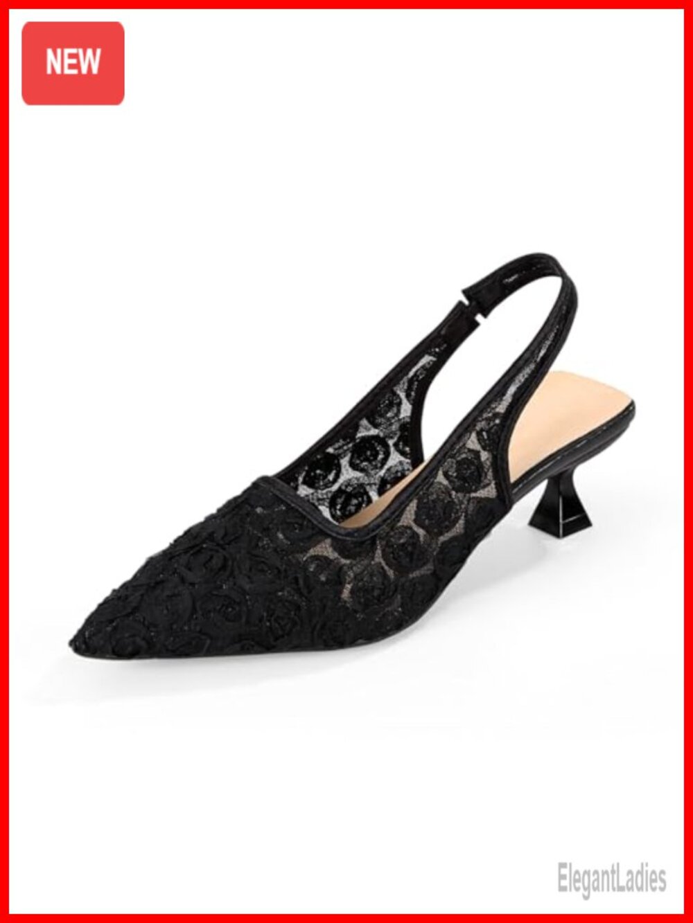 Lace Kitten Heel Slingback Pointed Toe Floral Mesh Dress Sandals